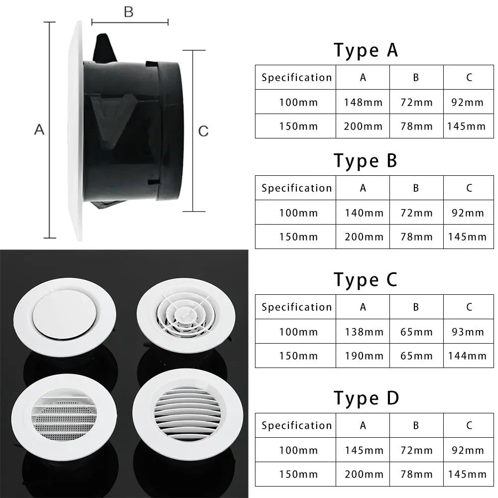 White Air Vent Extract Valve Grille – 100/150mm Round Ventilation Cover in 4 Shapes for Air Circulation