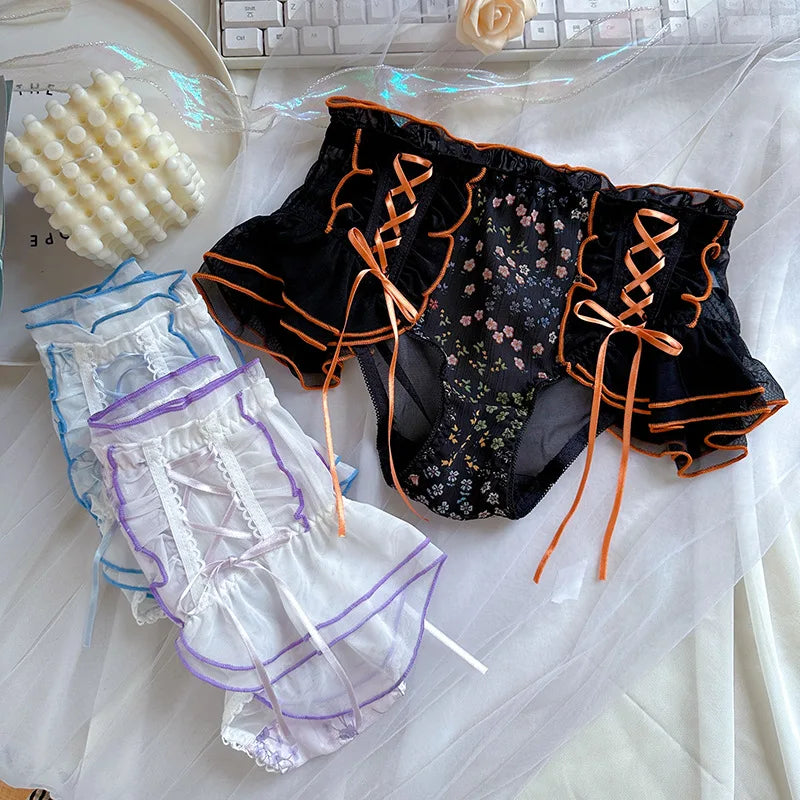 Plus Size Lace Briefs - Sweet Bow Ruffle Kawaii Japanese Style Women's Underwear