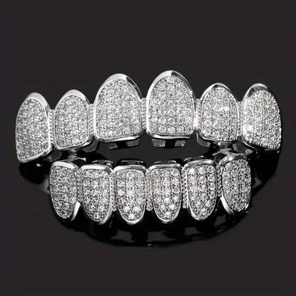 HipHop CZ Teeth Set – Unisex Gold & Silver Top/Bottom Mouth Caps, Removable Dental Fashion Jewelry