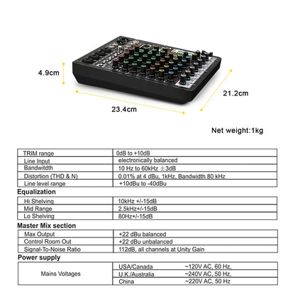 TKLBLS Professional 6 Channel Audio Mixer – 99 DSP Effects, 48V Phantom Power, USB, Bluetooth DJ Console for Studio & Karaoke