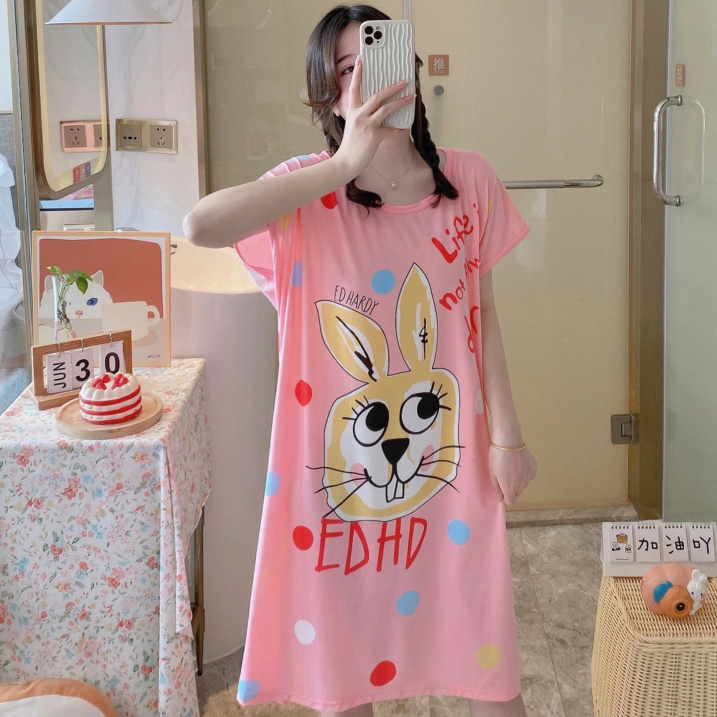 Girls’ Summer & Autumn Cartoon Nightdress – Cute Short-Sleeved Pajama Dress, Comfortable Homewear, Polyester Sleepwear