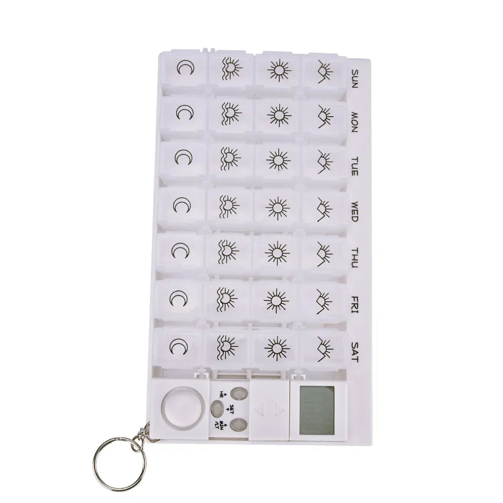 Portable 28-Grid Pill Box Organizer: Weekly 7-Day Smart Alarms Medicine Case with Reminder Timer - Plastic Holder for Pills