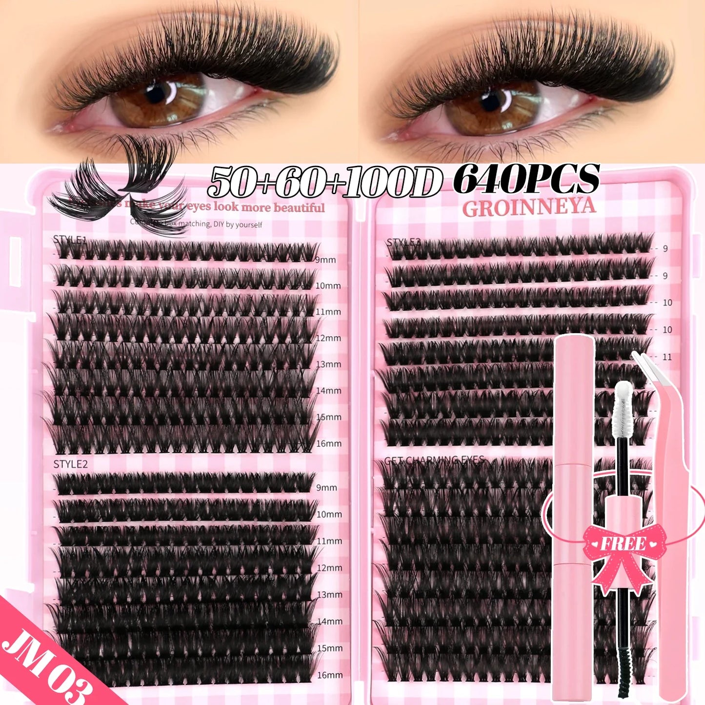 GROINNEYA DIY Mixed Lash Clusters Set – Fluffy Individual Lash Extensions Kit with Bond & Seal for At-Home Makeup