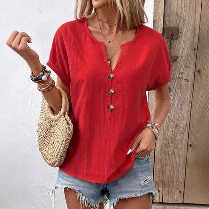 Women’s 2025 V-Neck Button Short Sleeve Blouse – Solid Color Loose Fit Casual Summer Daily Wear Top