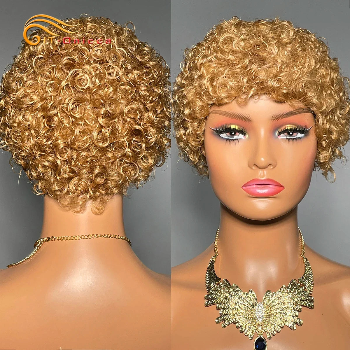 99J Short Curly Human Hair Wig - Full Machine-Made Kinky Curly Wig for Women