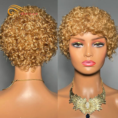 99J Short Curly Human Hair Wig - Full Machine-Made Kinky Curly Wig for Women