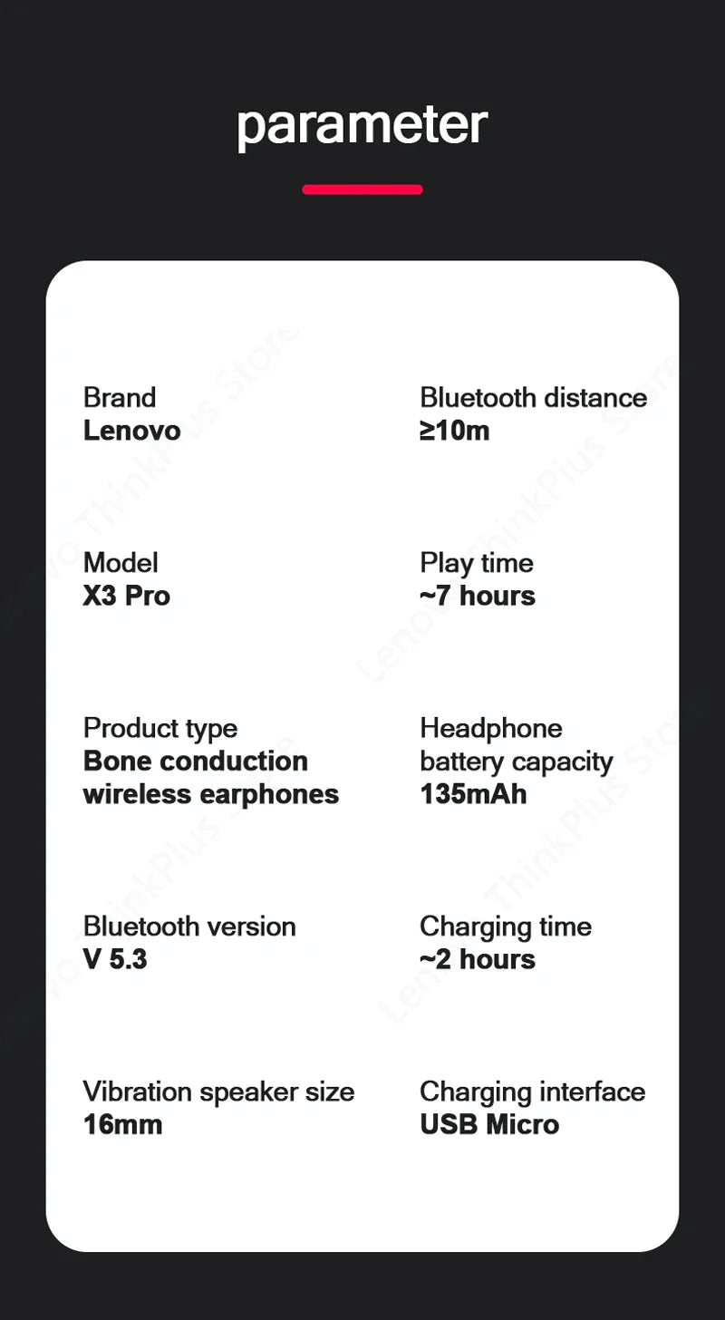 Lenovo X3 Pro Bone Conduction Earphones – Wireless Bluetooth HiFi Ear-Hook Headset with Mic, Waterproof Earbuds