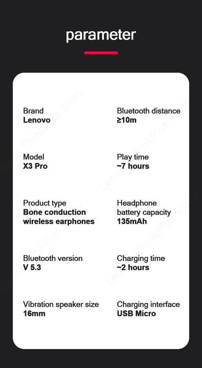 Lenovo X3 Pro Bone Conduction Earphones – Wireless Bluetooth HiFi Ear-Hook Headset with Mic, Waterproof Earbuds