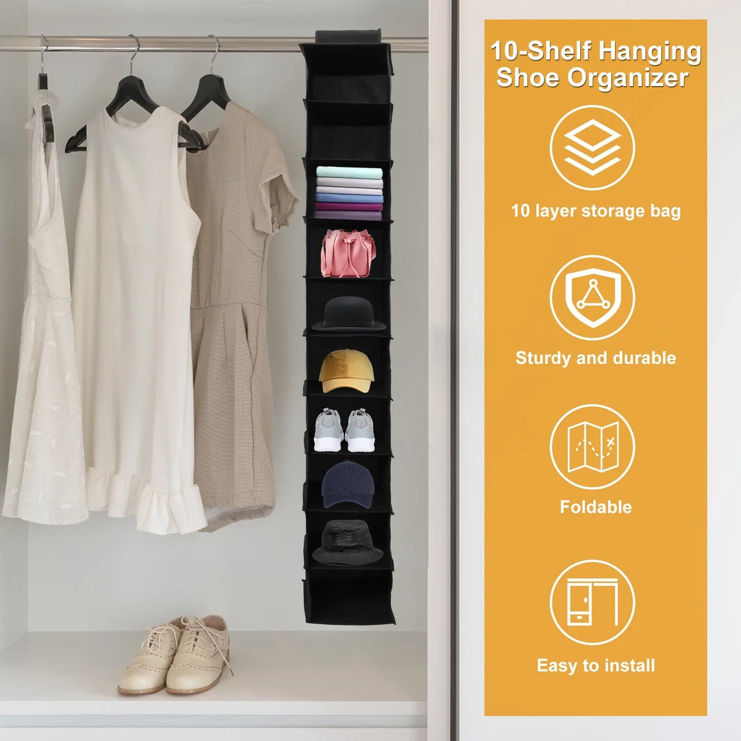 10-Shelf Hanging Shoe Organizer – Foldable Non-Woven Fabric Space-Saving Shoe Rack Multipurpose Storage