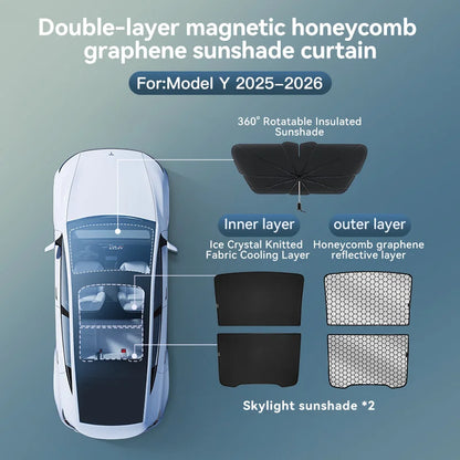 YZ Tesla Model 3/Y Highland Sunshade (2025–2026) – Graphene Honeycomb Black Roof Sun Shade for Front, Rear & Sunroof Glass Protection