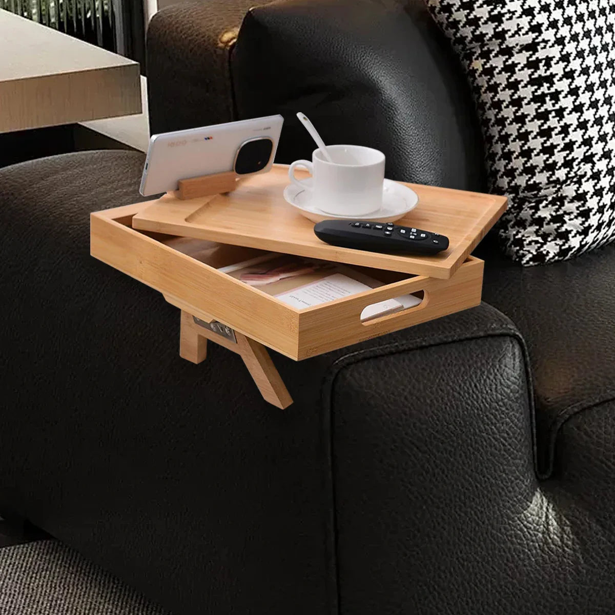 Sofa Armrest Tray with Storage Box – Bamboo Couch Arm Table with 360° Rotating Top & Phone Stand