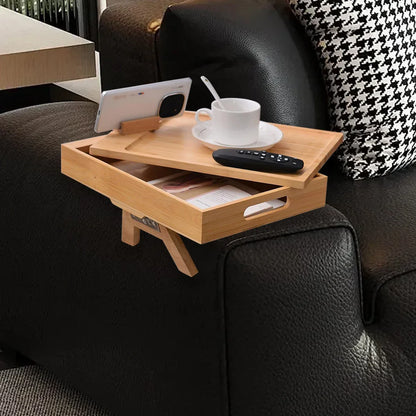 Sofa Armrest Tray with Storage Box – Bamboo Couch Arm Table with 360° Rotating Top & Phone Stand