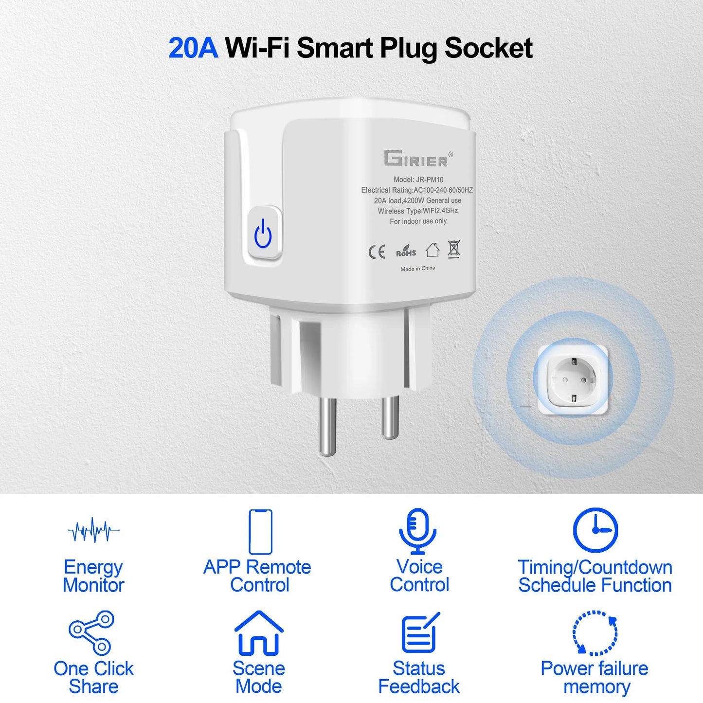 GIRIER Tuya WiFi Smart Plug – 20A EU Socket Outlet with Power Monitor, Timer Function, 4200W, Compatible with Alexa & Google Home