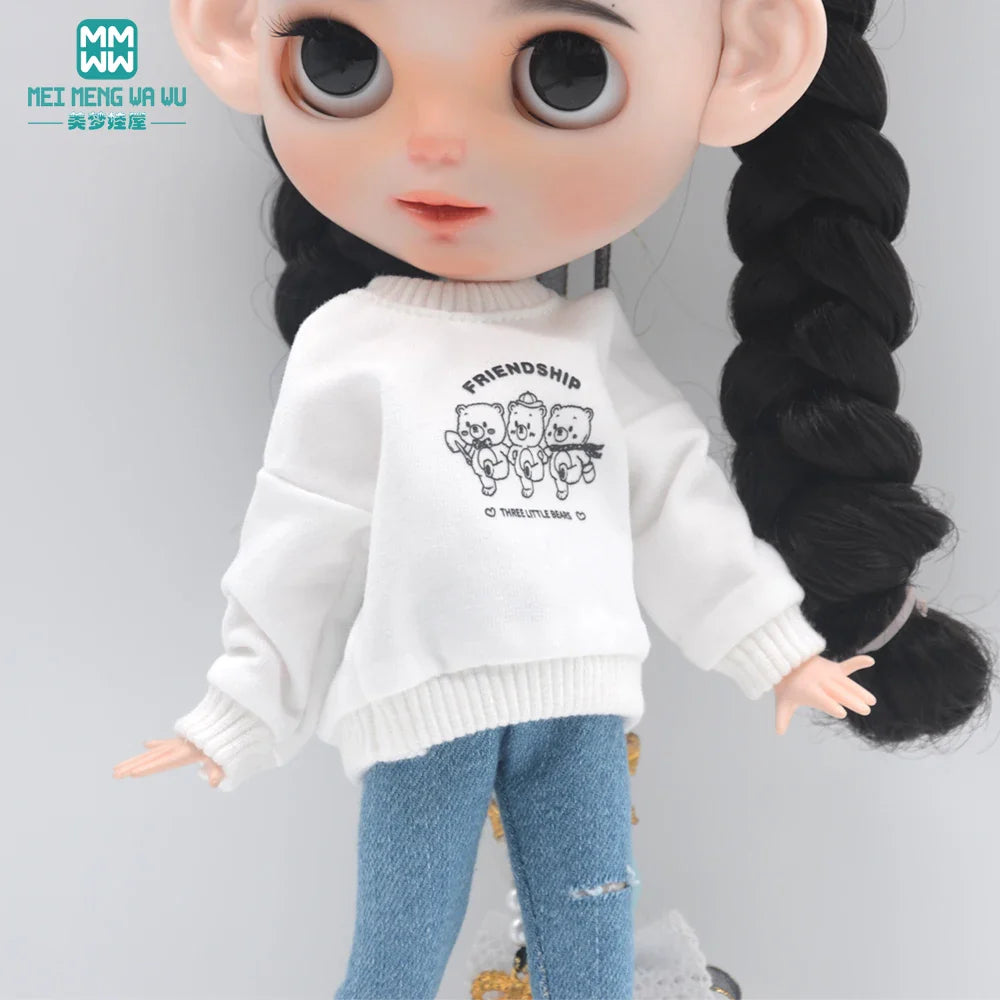 Blythe Doll Clothes – Fashion Tops, Black & White Shirts with Jeans & Plaid Pants for Azone OB22/OB24 Dolls