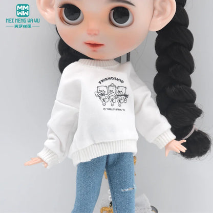 Blythe Doll Clothes – Fashion Tops, Black & White Shirts with Jeans & Plaid Pants for Azone OB22/OB24 Dolls