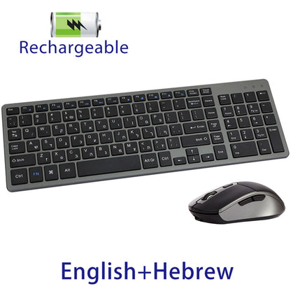 Wireless Keyboard and Mouse Combo – Rechargeable Slim Set with Russian, Hebrew, Korean, English Keycaps & Silent Mouse