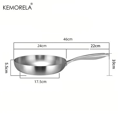 24CM Professional Grade Frying Pan - 304 Stainless Steel, 2MM Thick 5-Ply Steel Skillet & Cooking Pot