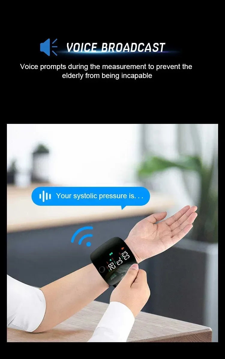 LED Rechargeable Wrist Blood Pressure Monitor – English, Russian, Portuguese, Spanish Voice Broadcast Tonometer