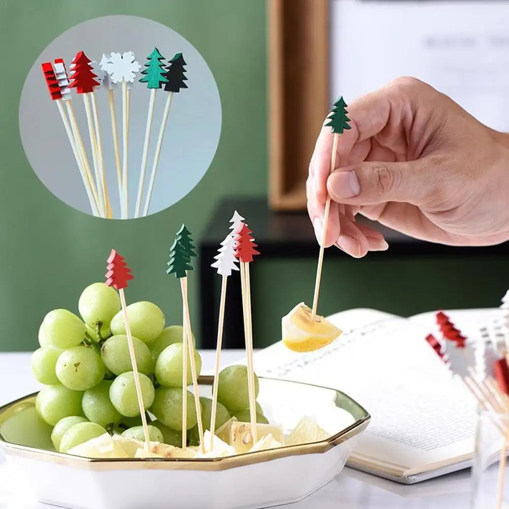 50PCS Christmas Bamboo Cocktail Picks – Santa, Snowflake & Tree Toothpicks for Drinks, Fruits, Desserts & Holiday Party Decorations 2024