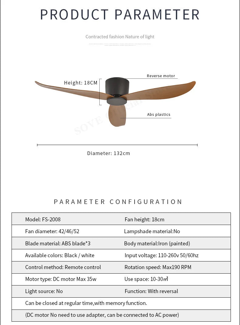 SOVE Modern Black & White Low Floor Ceiling Fan – 30W DC Motor with Remote Control, No Light, 220V