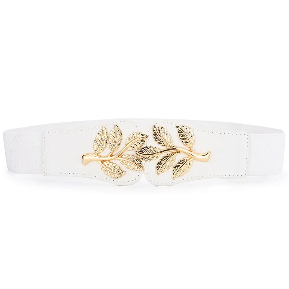 Women’s Wide Waist Belt – Gold Leaf Elastic with Double Hook Buckle, Fashionable Skirt Accessory