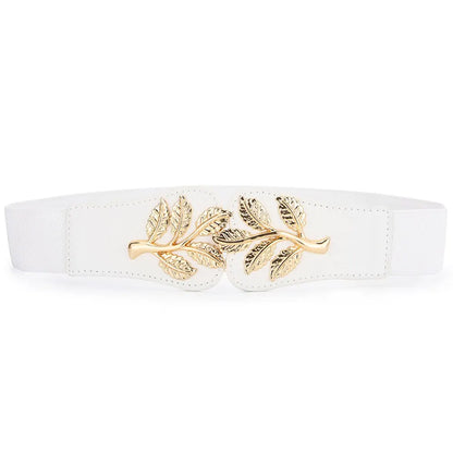 Women’s Wide Waist Belt – Gold Leaf Elastic with Double Hook Buckle, Fashionable Skirt Accessory