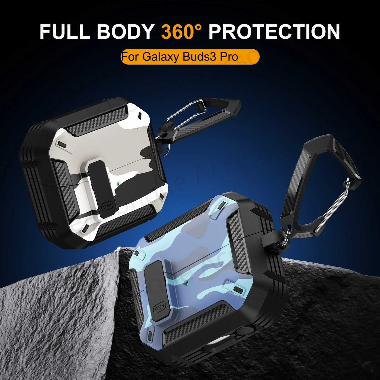 Camouflage Case for Galaxy Buds3 Pro – Carbon Fiber Protective Cover with Keychain & Cleaning Kit