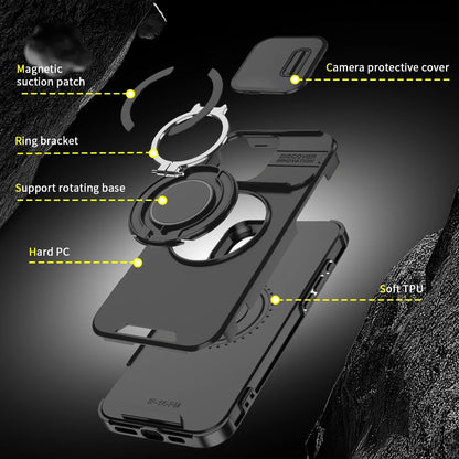 Heavy Duty Rugged Magnetic Ring Stand Case for iPhone 11–16 Pro Max Plus with Slide Camera Protection & MagSafe Compatible Cover