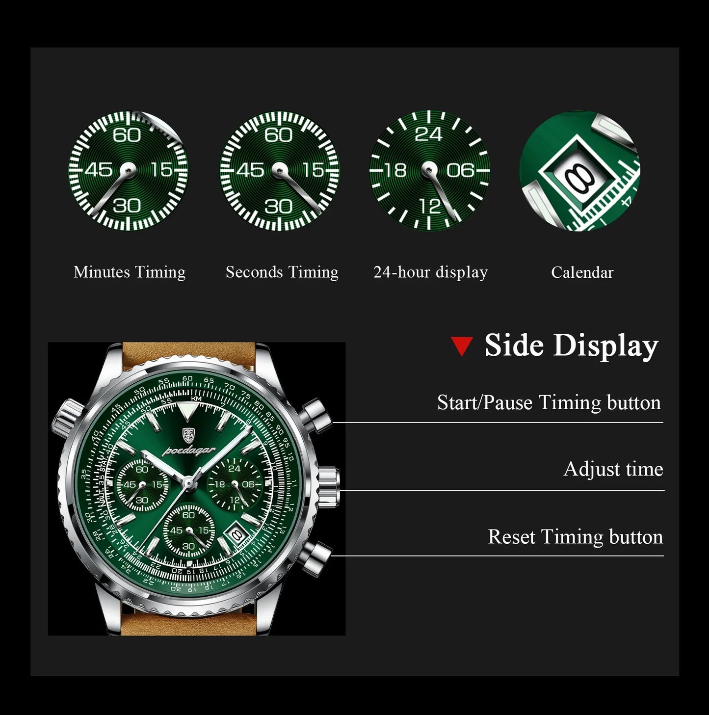 POEDAGAR Luxury Men's Quartz Watch Waterproof Luminous Date Chronograph Leather Military Sports Wristwatch