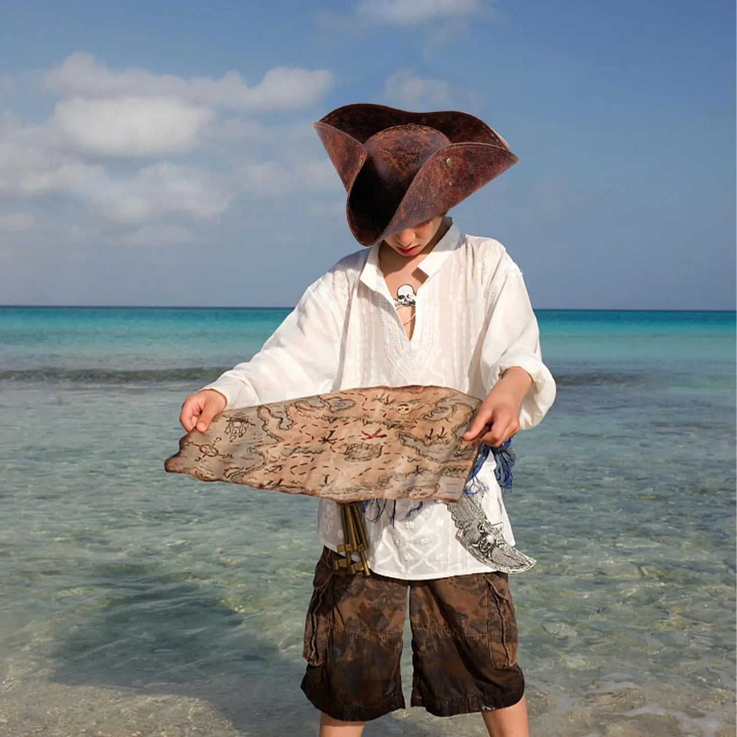 Brown Faux Leather Triangle Pirate Hat – Adult Cosplay Costume Accessory