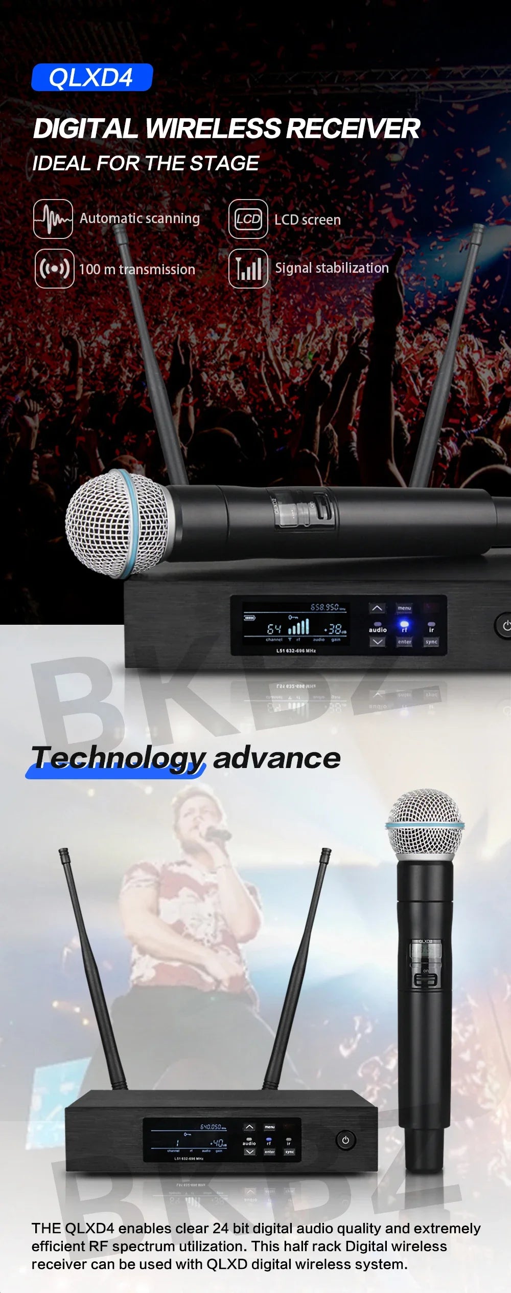 QLXD4 Beta58A Wireless Microphone — 500/600MHz UHF Professional Handheld Mic for Stage, Karaoke & Singing Performance