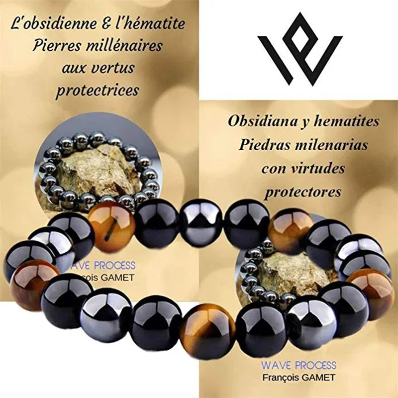 Natural Black Obsidian Hematite Tiger Eye Beaded Bracelet — Magnetic Health Protection Jewelry for Men & Women