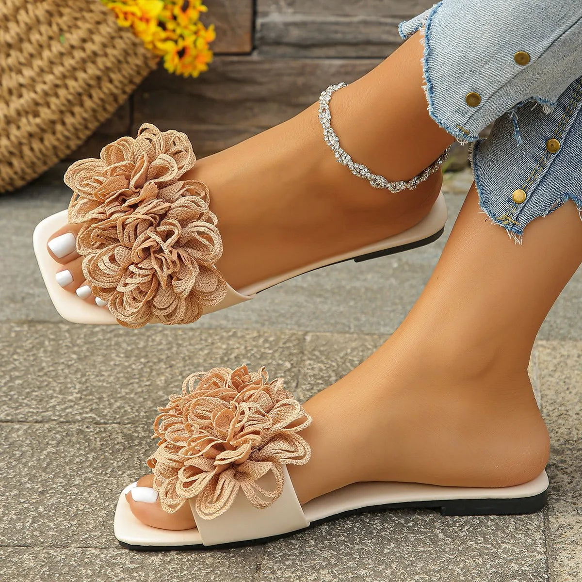 Women’s Crochet Flower Slide Sandals - Colorful Floral Slip-On Mules for Summer