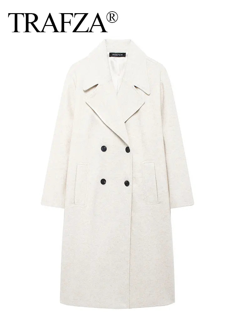 TRAFZA 2024 Women’s Autumn Loose Coat – Lapel Double-Breasted Long Sleeve Trench Jacket, Winter Warm Vintage Outerwear