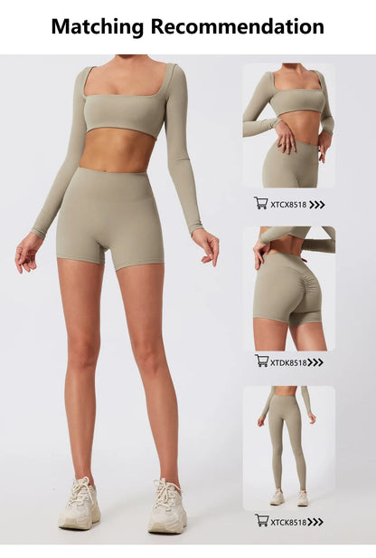 Hearuisavy 2PCS Long Sleeve Gym Set for Women, Quick-Drying Yoga Clothes, Sportswear, Running Leggings, Workout Sports Crop Top
