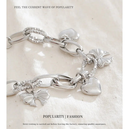 NiNice Stainless Steel Heart & Bow Pendant Bracelet – Romantic DIY Fashion Jewelry Gift for Women, Elegant Trendy Design