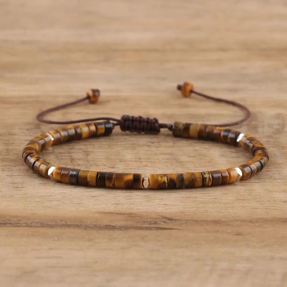 Natural Blue Emperor Stone Beaded Bracelet – Polished Block Beads, Adjustable Woven Rope Women’s Gift Jewelry