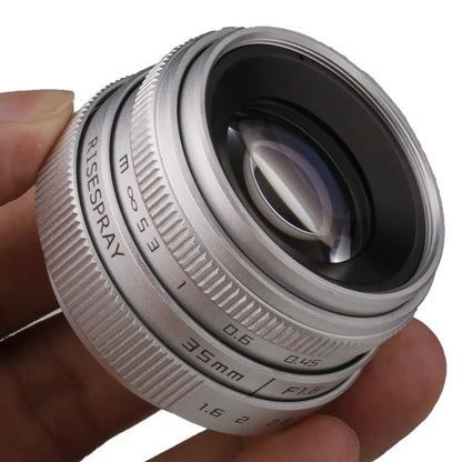 Silver Mini 35mm f/1.6 APS-C CCTV Lens with Adapter Ring — Compatible with Panasonic/Olympus Micro 4/3, Sony E, Canon EOS-M, Fujifilm