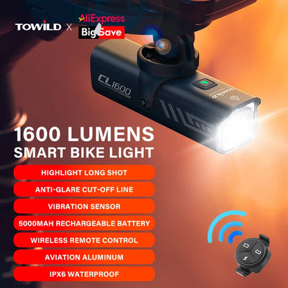 TOWILD 1600LM Bicycle Front Light — 5000mAh IPX6 Aluminum MTB & Road Bike Headlight with Type-C Charging