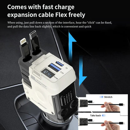 120W Car Charger | 4-in-1 Retractable Cigarette Lighter Adapter with USB Type-C Fast Charging Cable for iPhone & Android