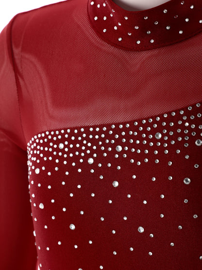 Kids Girls Long Sleeve Rhinestone Bodysuit — Full Body Dancewear Gymnastics Leotard Skating Jumpsuit