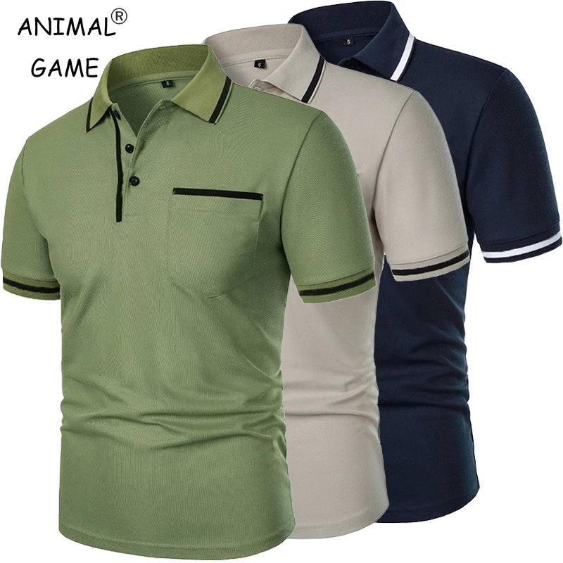 Men's Short Sleeve Polo Shirt - Breathable Solid Color Casual Summer Top with Pocket Design