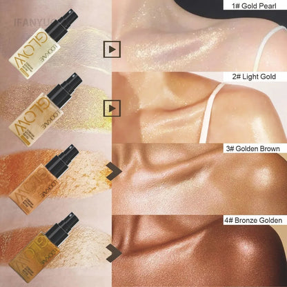 Shimmer Oil Spray – Waterproof Long-Lasting Gold & Bronze Body and Face Highlighter for Brightening & Contouring