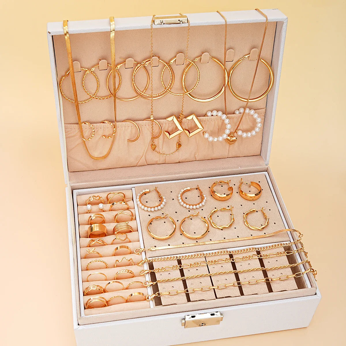 54-Pcs Women’s Vintage Pearl Jewelry Set – Earrings, Rings, Necklace, Bracelet & Heart Pendant, Boho Daily Wear Gift 2024