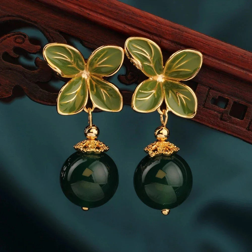 Vintage Flower Drop Earrings - Natural Stone Ethnic Jewelry for Women