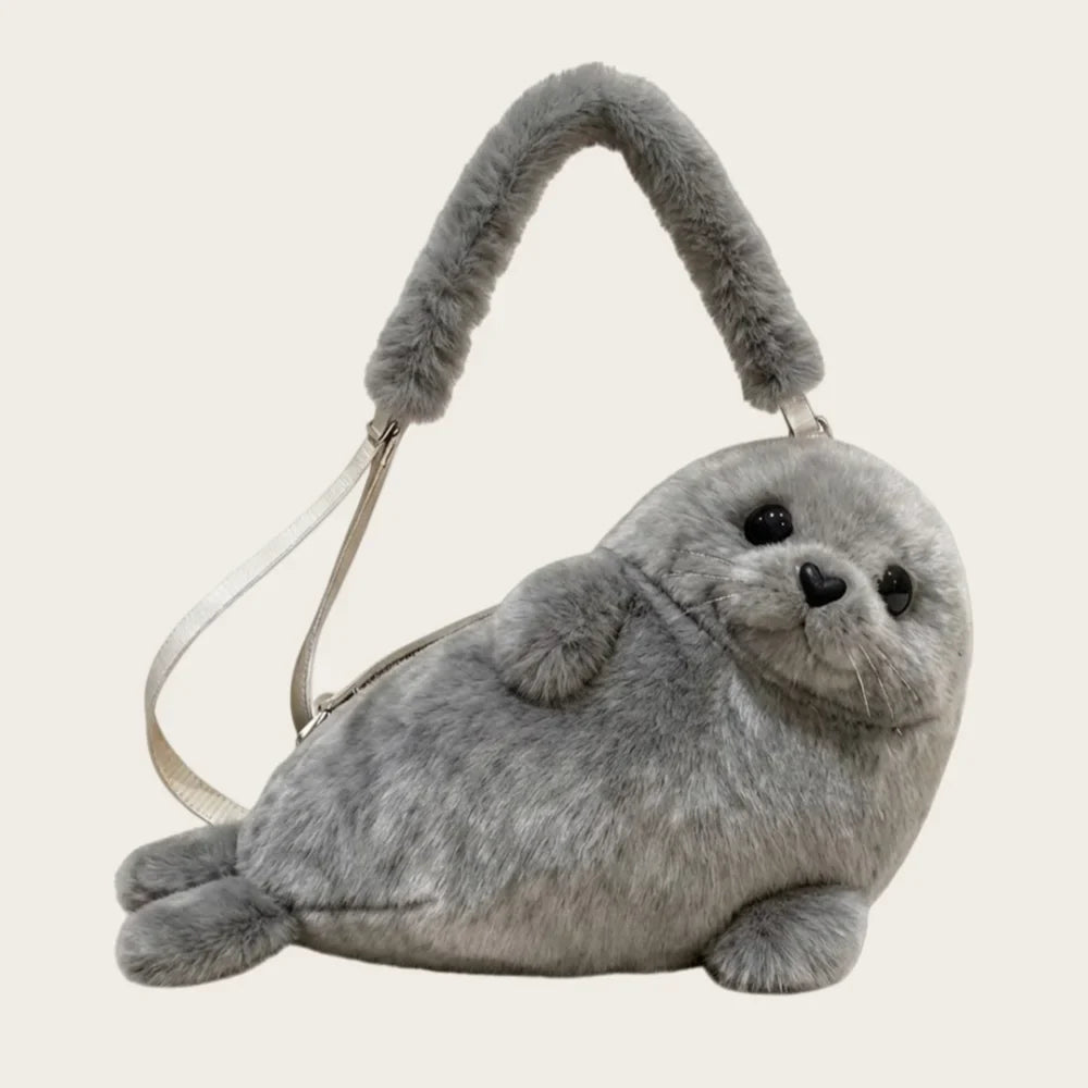 Cute Seal Plush Shoulder Bag - Soft Fluffy Cartoon Crossbody Phone Bag with Adjustable Strap