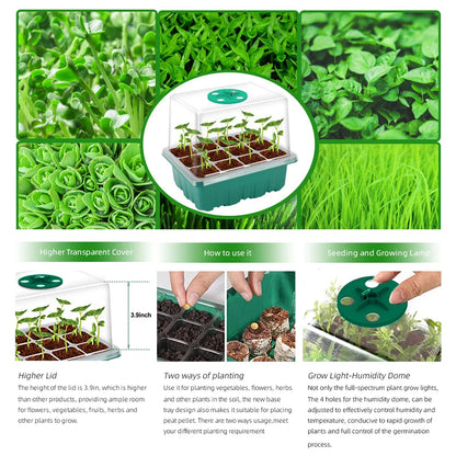 Plants Seed Starter Trays with Grow Light — 12-Hole Nursery Pots for Home, Greenhouse & Indoor Growing