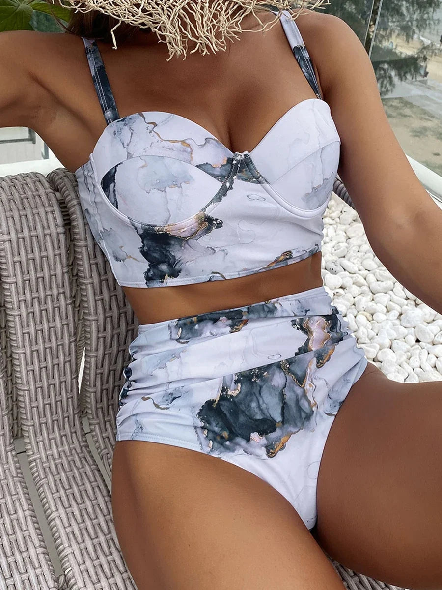 Women’s Butterfly Print Push Up Bikini Set - High Waist Padded Swimsuit for Summer Beachwear