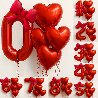 Red Heart Foil Balloons Set - 6PCS Birthday Wedding Anniversary Decoration with 32 Inch Numbers & Tassel Bows