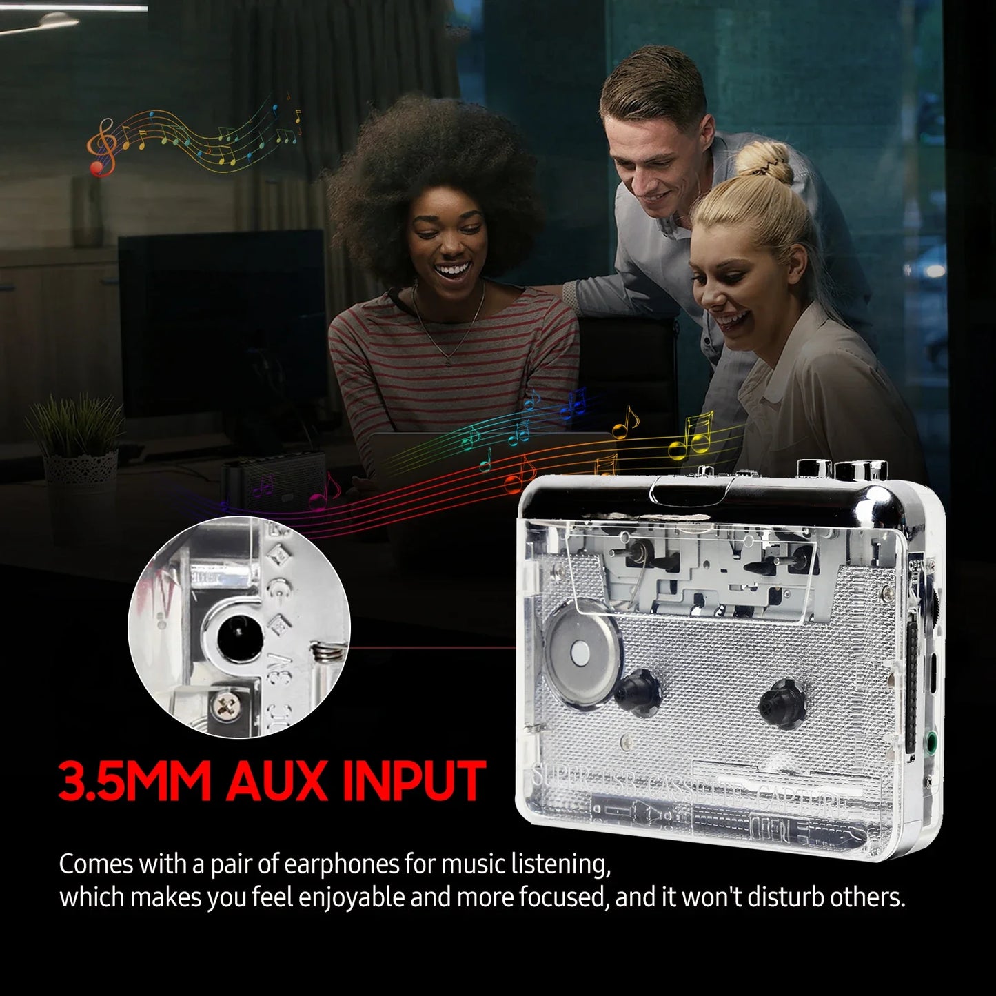 TON010 Portable Cassette Player – Transparent Tape Recorder with USB Cassette-to-MP3 Converter & Music Playback